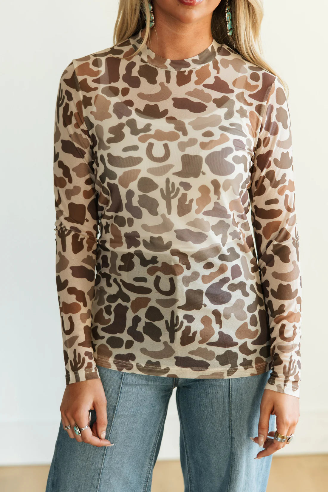 Western Camo Mesh Layering Top