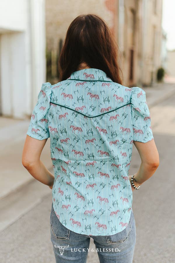 Mint Pearl Snap Puff Sleeve Top