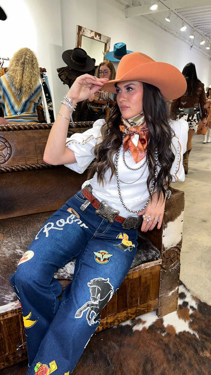 Rodeo Patch Cuffed Wide Leg Jeans – Dark Wash