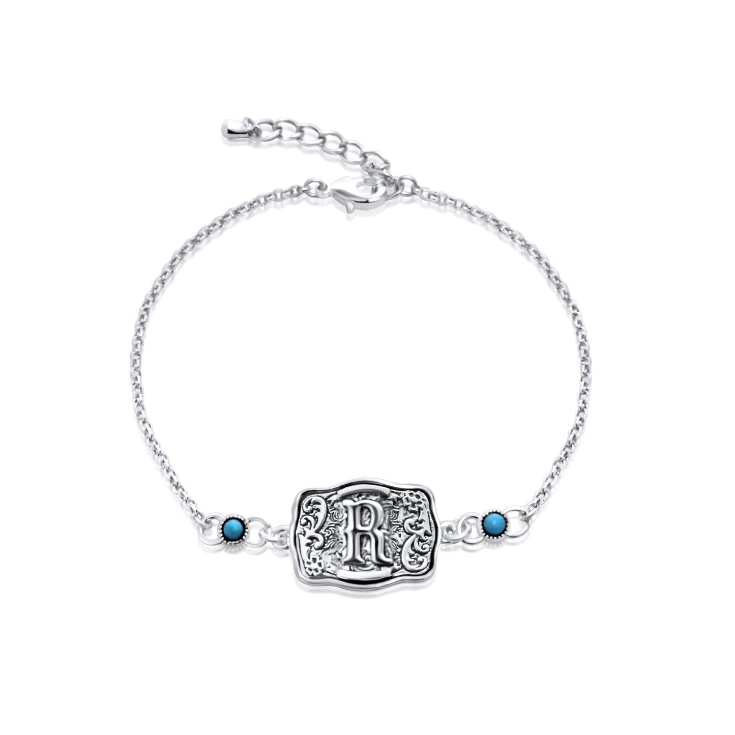Sterling Silver Western Belt Buckle Initial Bracelet with Genuine Kingman Turquoise
