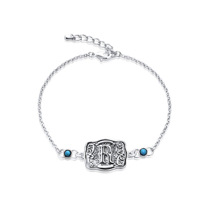 Sterling Silver Western Belt Buckle Initial Bracelet with Genuine Kingman Turquoise