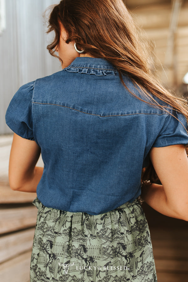 Lucky Horseshoe Denim Pearl Snap Top