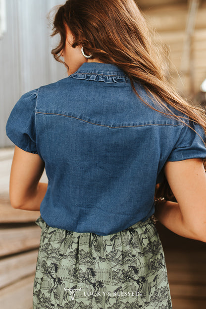 Lucky Horseshoe Denim Pearl Snap Top