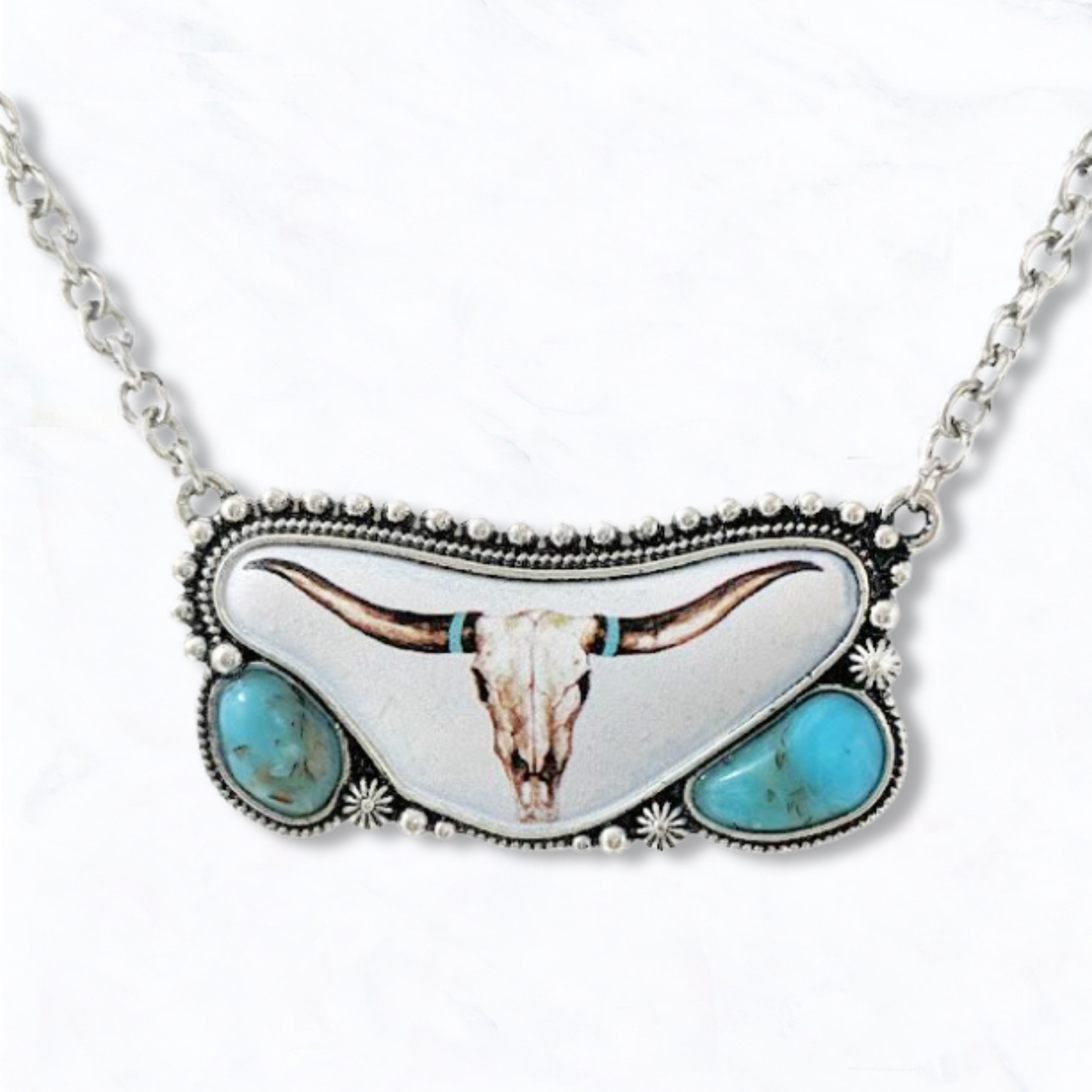 Longhorn Skull Turquoise Bar Pendant Necklace