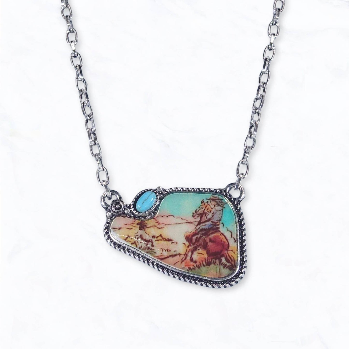Western Vintage Horse Scene Pendant Necklace