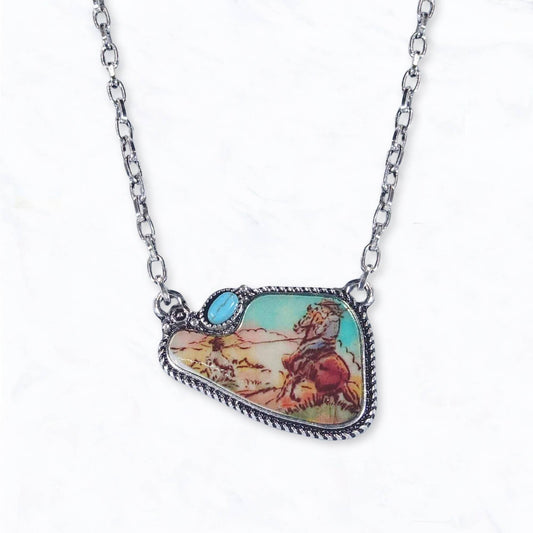 Western Vintage Horse Scene Pendant Necklace
