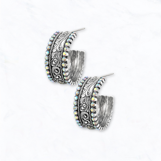 Western Engraved Rhinestone Hoop Earrings