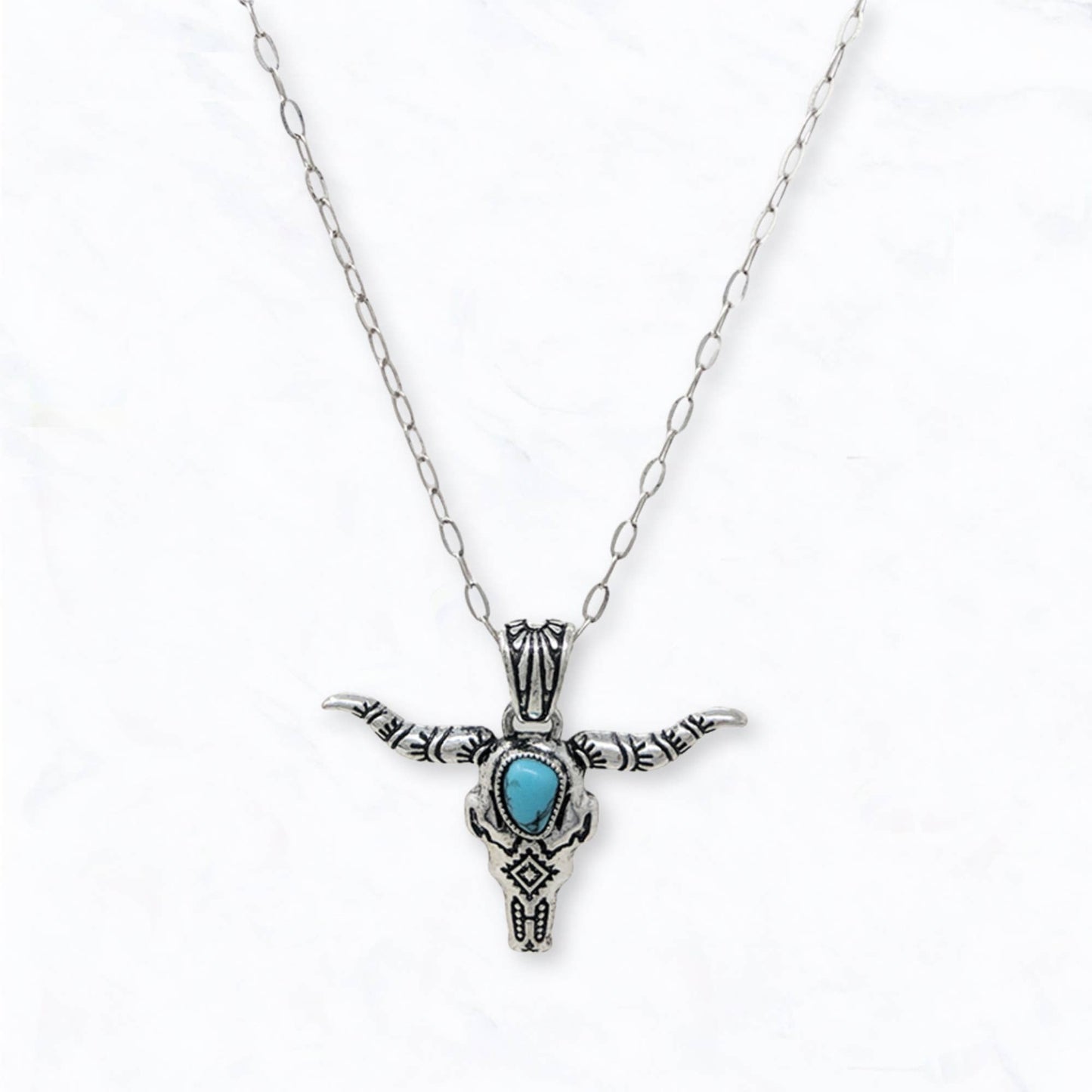 Western Longhorn Skull Necklace with Turquoise Accent
