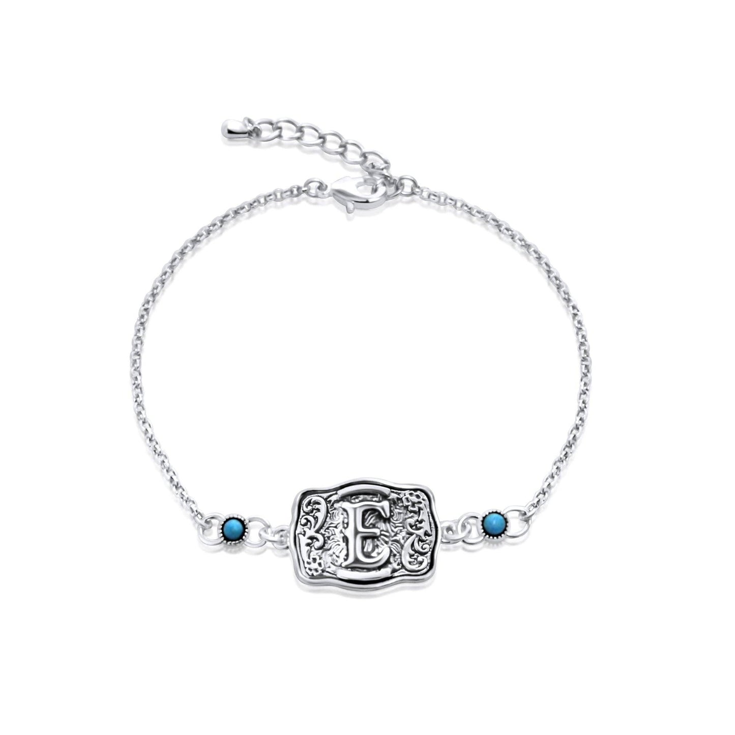Sterling Silver Western Belt Buckle Initial Bracelet with Genuine Kingman Turquoise