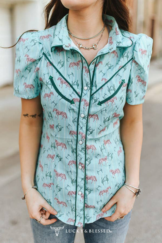 Mint Pearl Snap Puff Sleeve Top